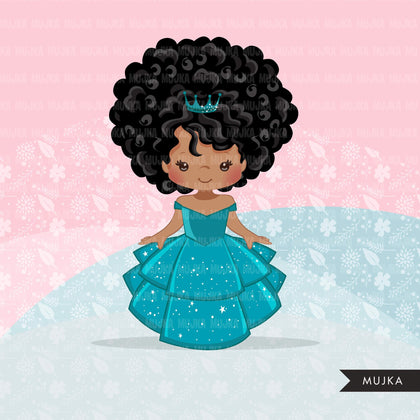 Black Princess clipart, fairy tale graphics, girls story book, teal princess dress, commercial use clip art