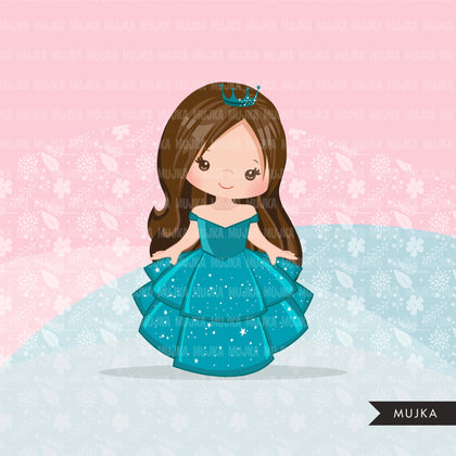 Princess clipart, fairy tale graphics, girls story book, teal princess dress, commercial use clip art