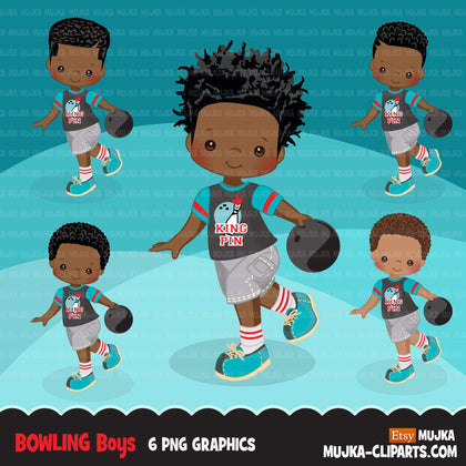 Bowling Clipart, King Pin summer, retro birthday party printables, black boys Png graphics