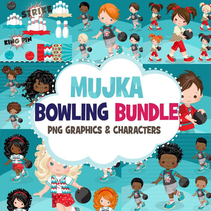 Bowling Clipart Bundle, retro bowling, king pin, queen pin, strike, birthday party graphics commercial use PNG clip art, boys, girls