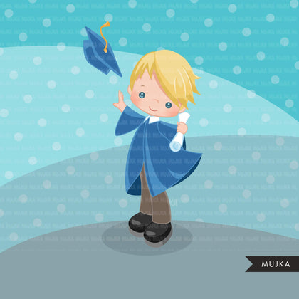 Graduation Clipart, School, graduate boys throwing caps with blue cape, students, grads, commercial use Png clip art