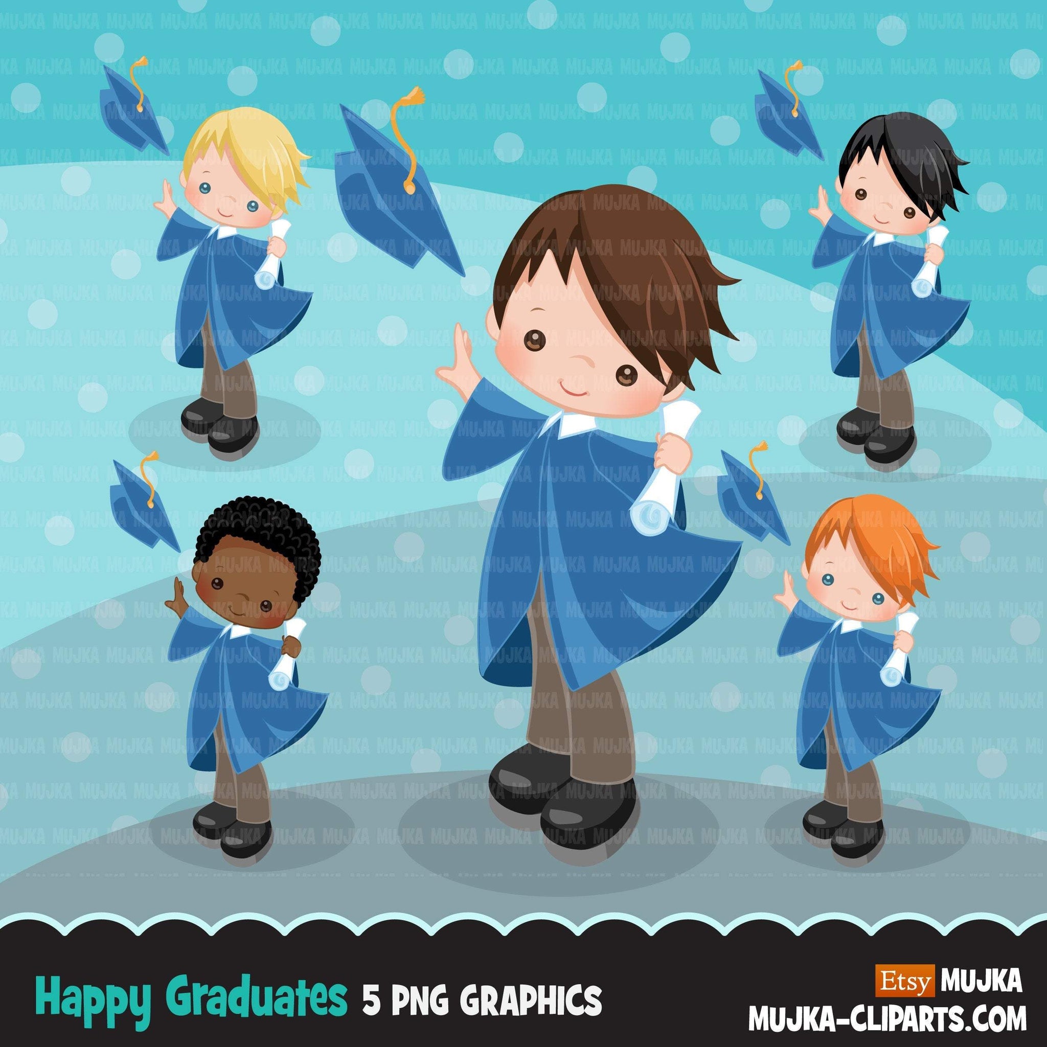 Graduation Clipart, School, graduate boys throwing caps with blue cape, students, grads, commercial use Png clip art