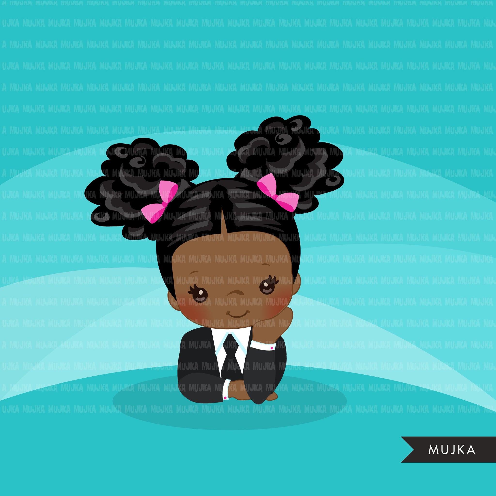 Clipart de bebê Black Boss, criança com gráficos de terno de negócio, meninas de cabelo afro encaracolado, clipart de uso comercial