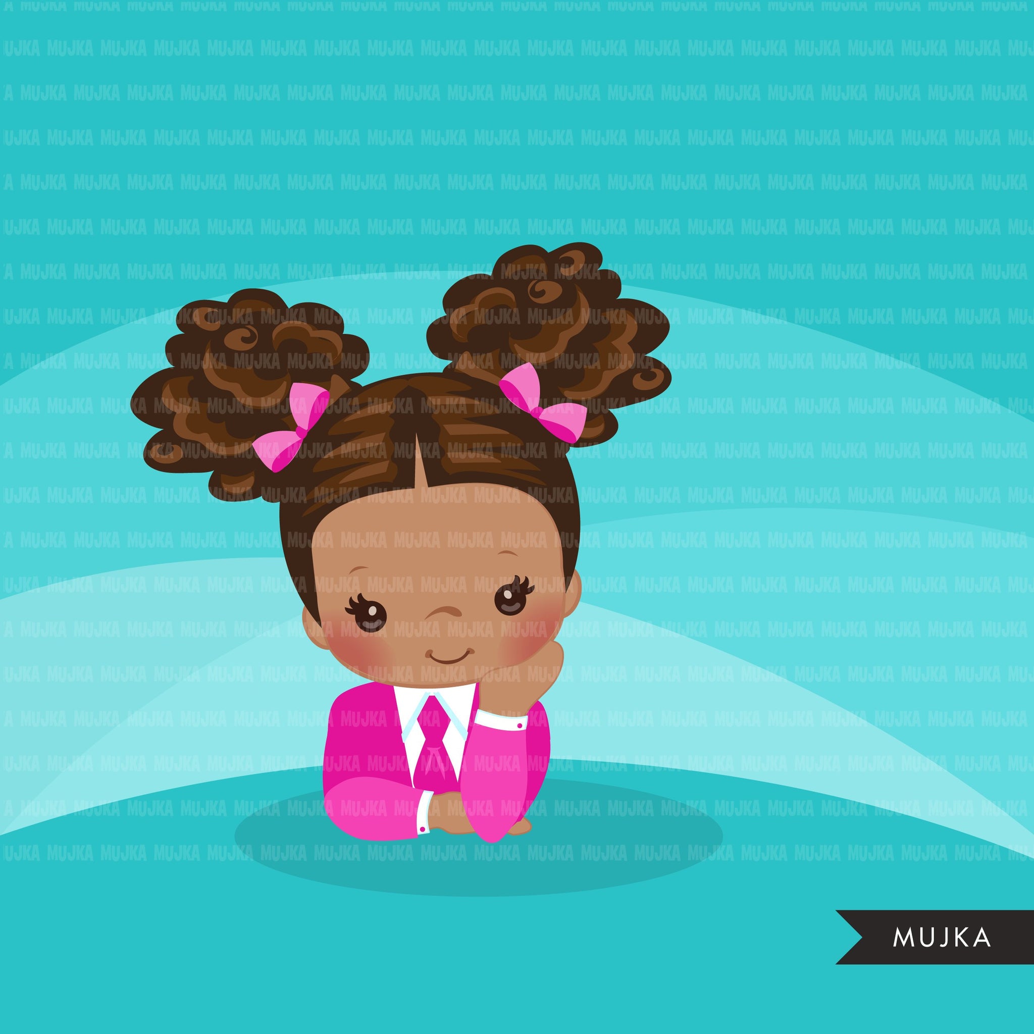 Clipart de bebê Black Boss, criança com gráficos de terno rosa, meninas de cabelo afro encaracolado, clipart de uso comercial
