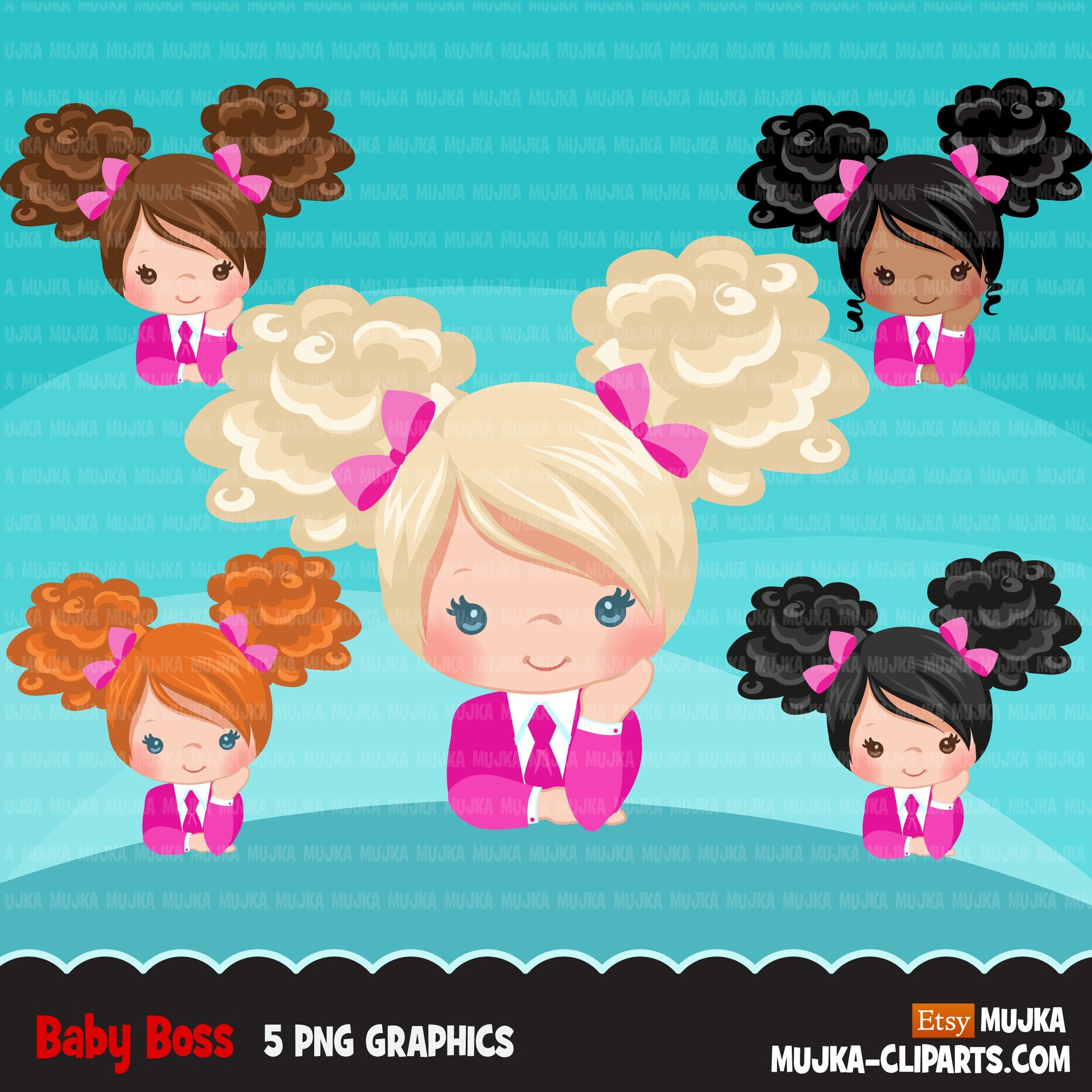 Boss baby clipart, toddler with Pink business suit graphics, curly hair girls, commercial use clip art
