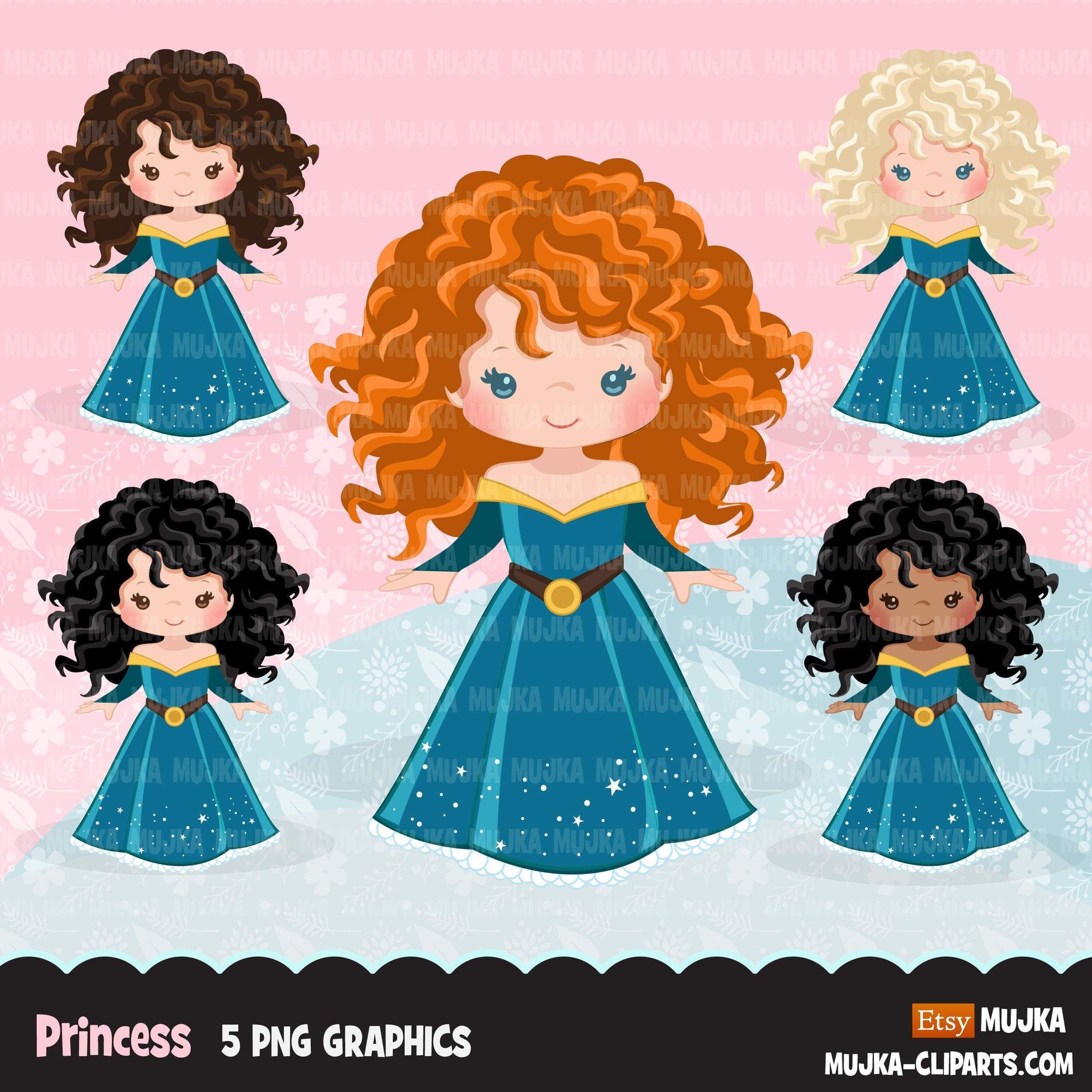Clipart de princesa, gráficos de contos de fadas, livro de histórias para meninas, vestido de princesa azul escuro, clipart de uso comercial