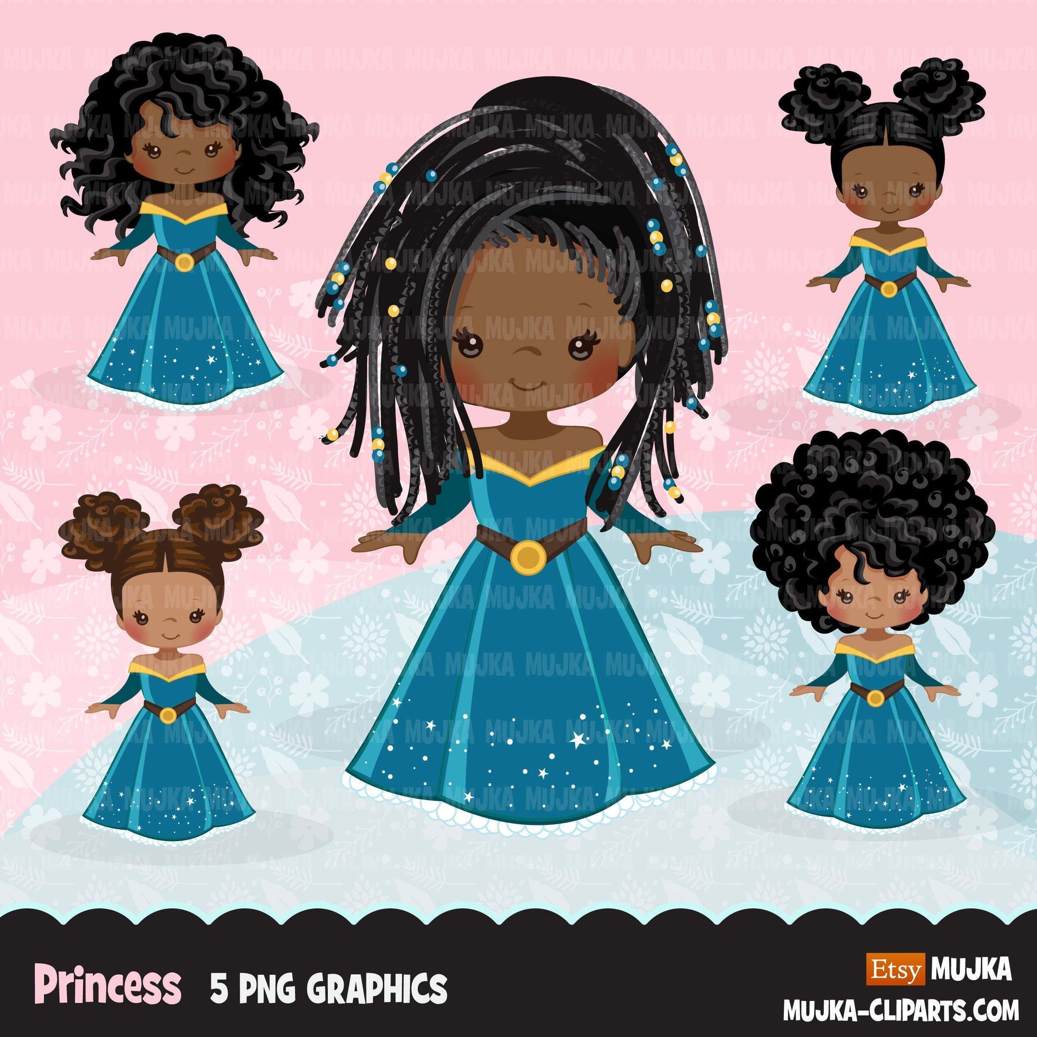 Clipart de princesa negra, gráficos de contos de fadas, livro de histórias para meninas, vestido de princesa azul escuro, clipart de uso comercial
