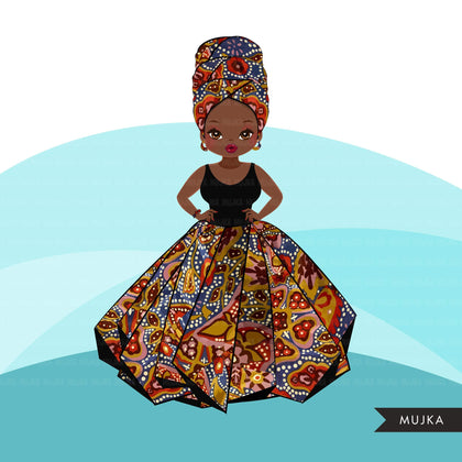 Black woman clipart avatar, Ankara kente African print mud cloth head wrap and skirt, fashion graphics girl clip art PNG