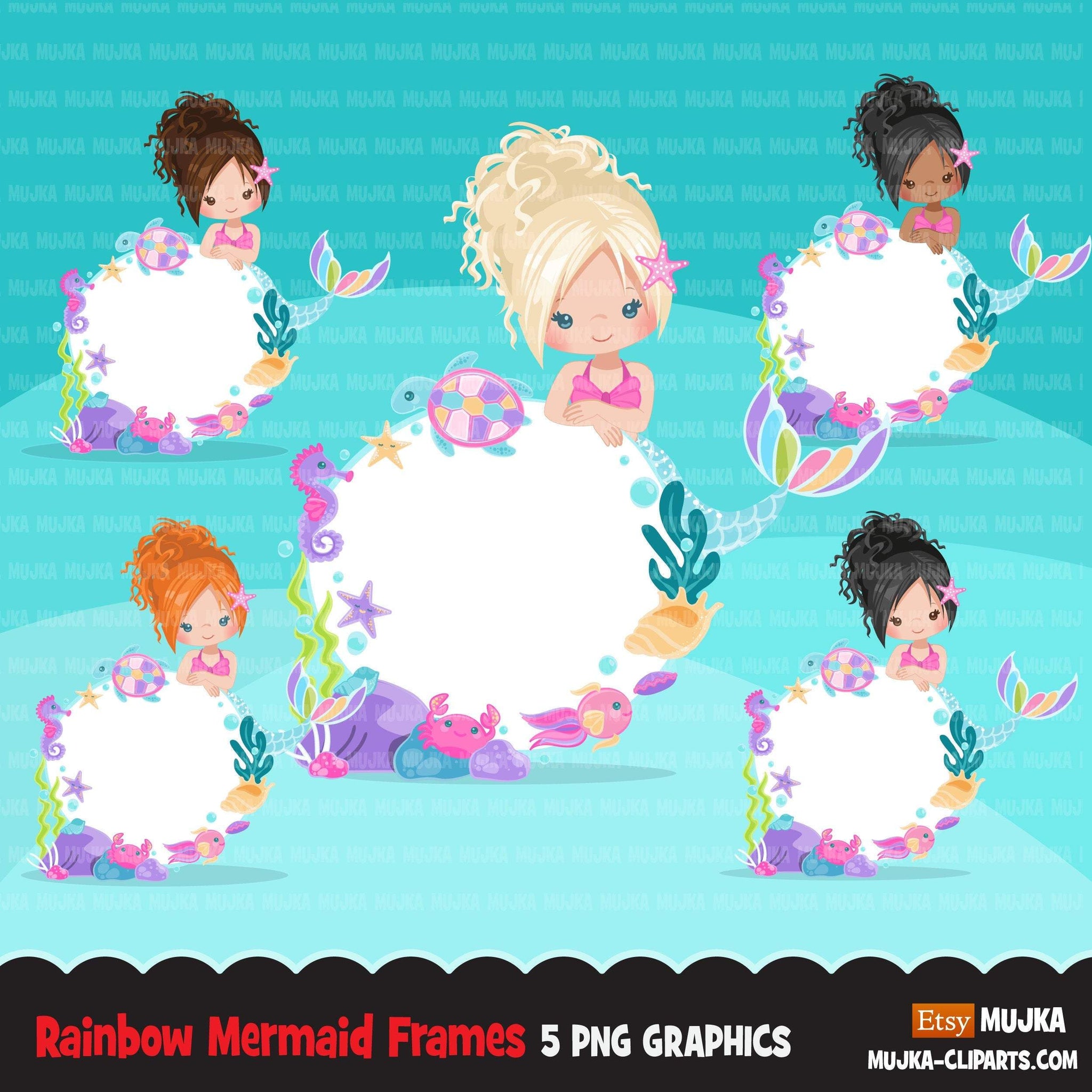 Mermaid clipart, cute underwater frame, pastel rainbow mermaid graphics, mermaid princess, rainbow birthday party, girl clip art, summer