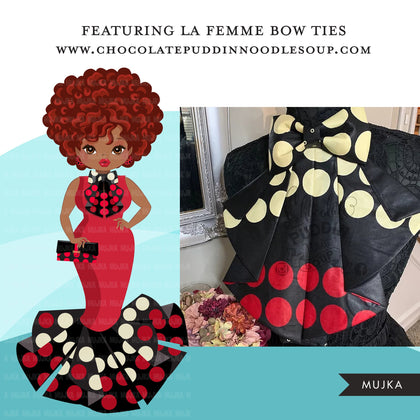 Black woman clipart avatar, Ankara polka dot print dress and bow tie, fashion graphics boss afro girl clip art print and cut PNG