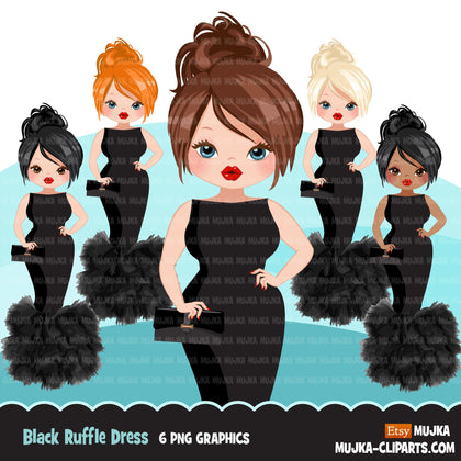 Fancy woman clipart avatar, Black Ruffle dress, fashion graphics, sweet sixteen, graduation, bachelorette party  girl clip art PNG