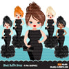 Fancy woman clipart avatar, Black Ruffle dress, fashion graphics, sweet sixteen, graduation, bachelorette party  girl clip art PNG