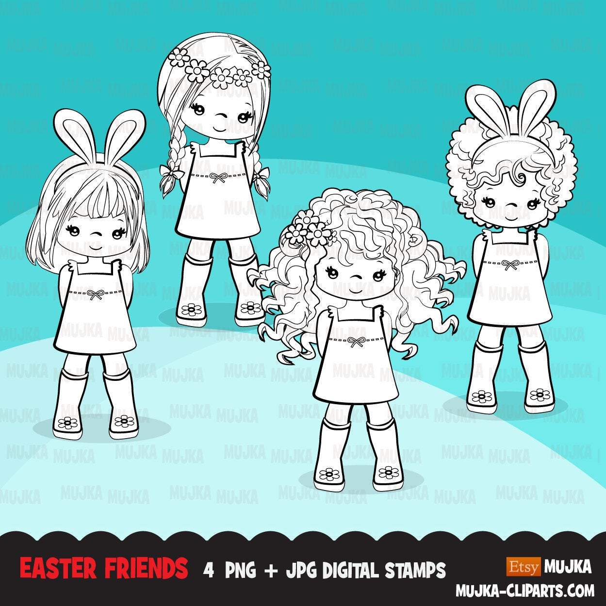Easter Digital stamps, black & white Easter girls graphics, egg hunt, bunny ears, best friends, coloring book art outline clipart