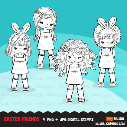 Easter Digital stamps, black & white Easter girls graphics, egg hunt, bunny ears, best friends, coloring book art outline clipart