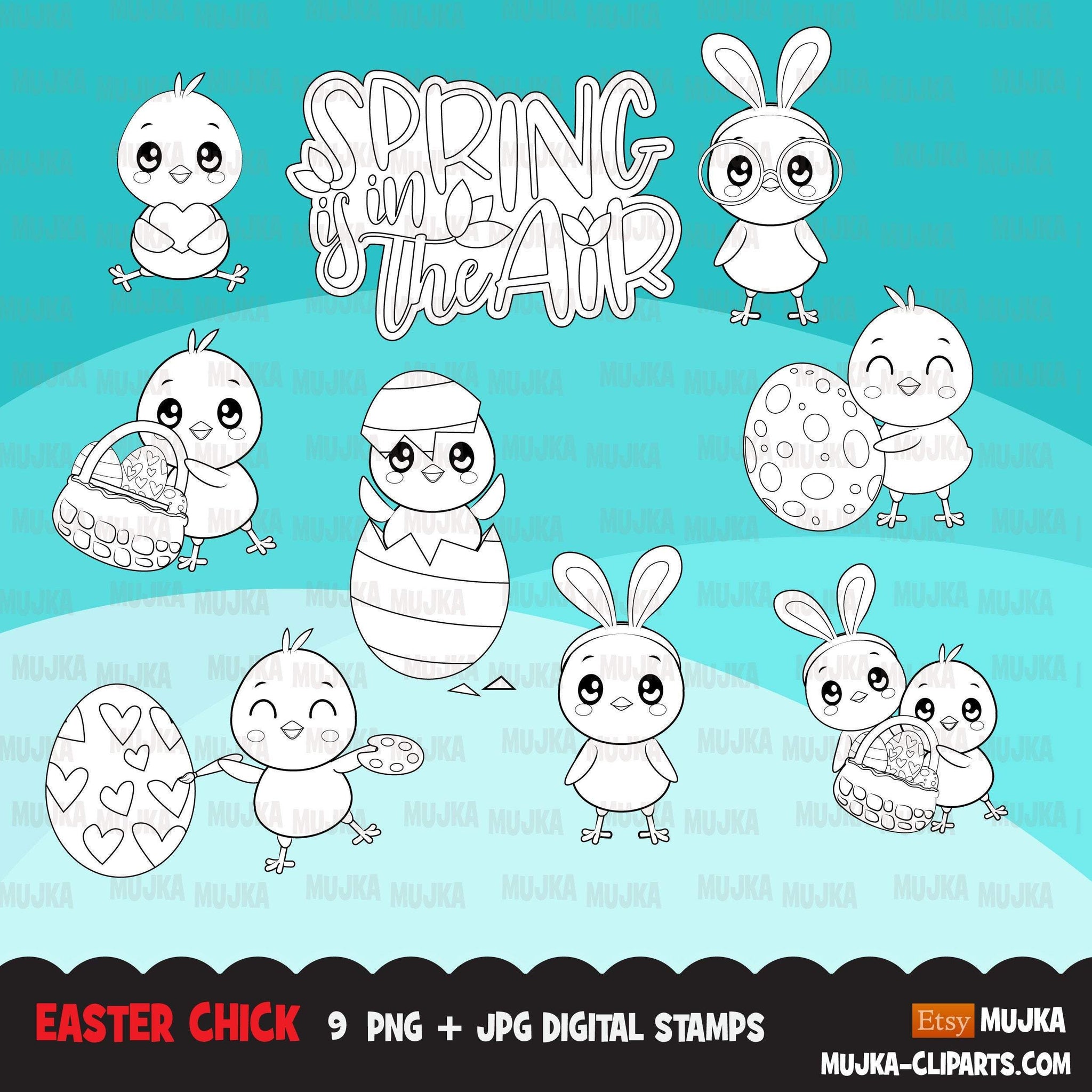 Easter Digital stamps, Chicks, black & white graphics, bunny, ears, egg hunt, best friends, coloring book art outline clipart