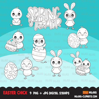 Easter Digital stamps, Chicks, black & white graphics, bunny, ears, egg hunt, best friends, coloring book art outline clipart