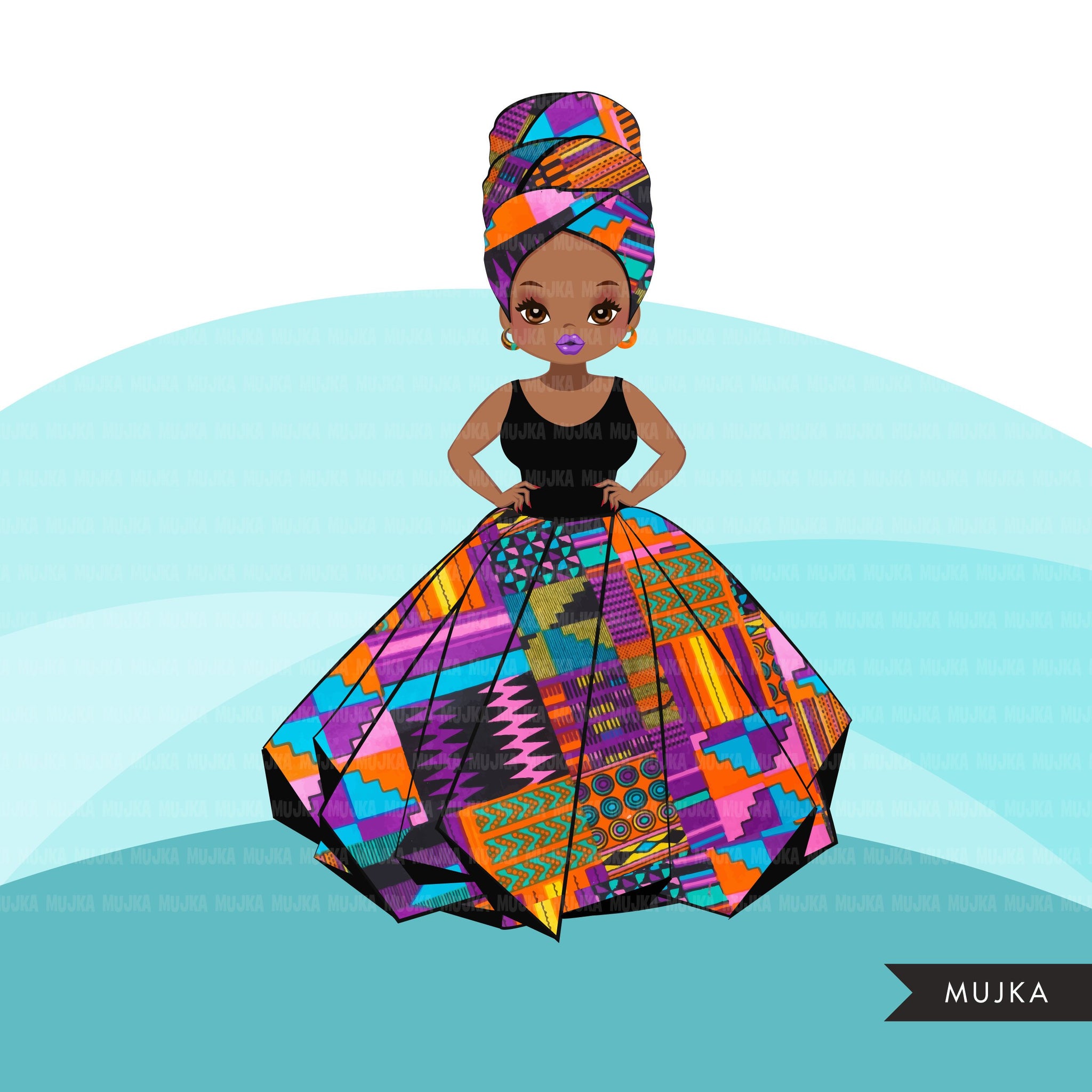 Black woman clipart avatar, Ankara kente African print, tribal head wrap and skirt, fashion graphics girl clip art PNG