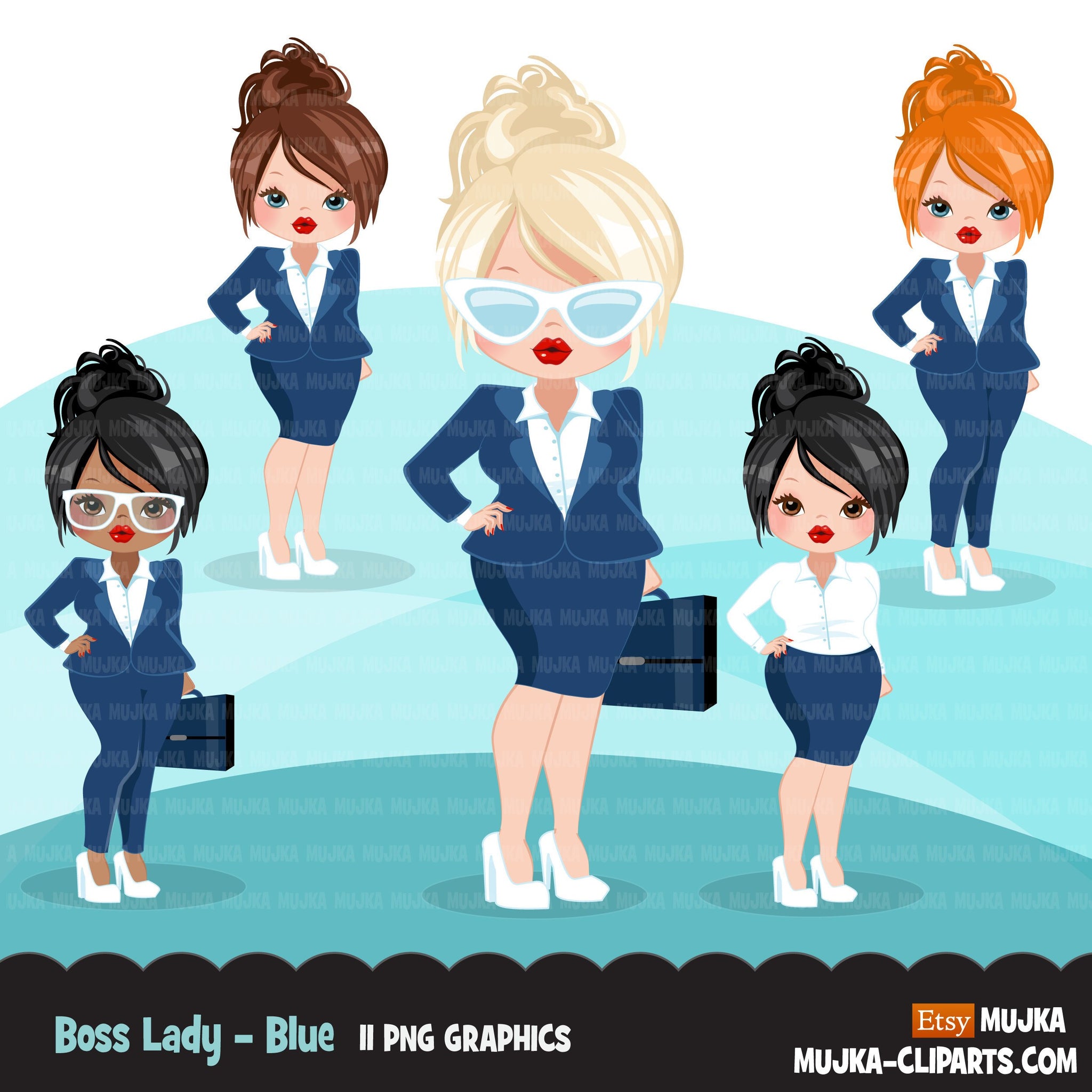 Business woman clipart with navy business suit, briefcase and glasses girl graphics, print and cut sublimation clip art, logo