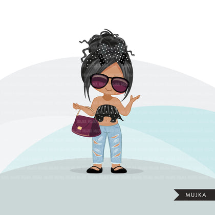 Fashion little girl clipart with bag and sunglasses, Vacation, travel commercial use characters, digital PNG