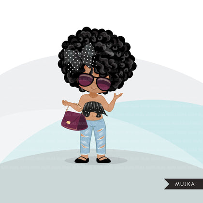 Fashion little black girl clipart with bag and sunglasses, Vacation, travel commercial use characters, digital PNG