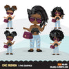 Fashion little black girl clipart with bag and sunglasses, Vacation, travel commercial use characters, digital PNG