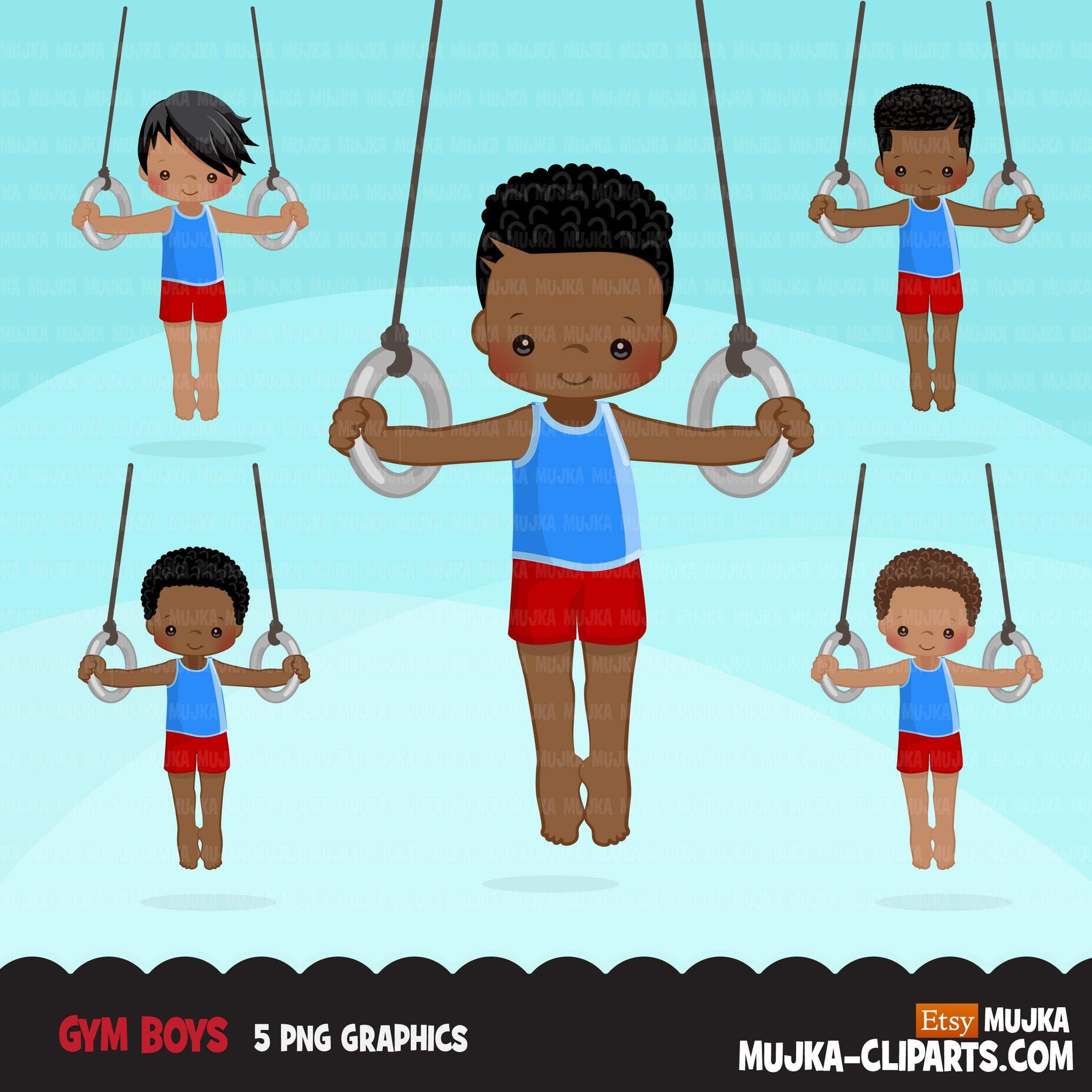 Gymnastics Clipart, Gymnast black boys, ring, sports, school activity, commercial use PNG graphics