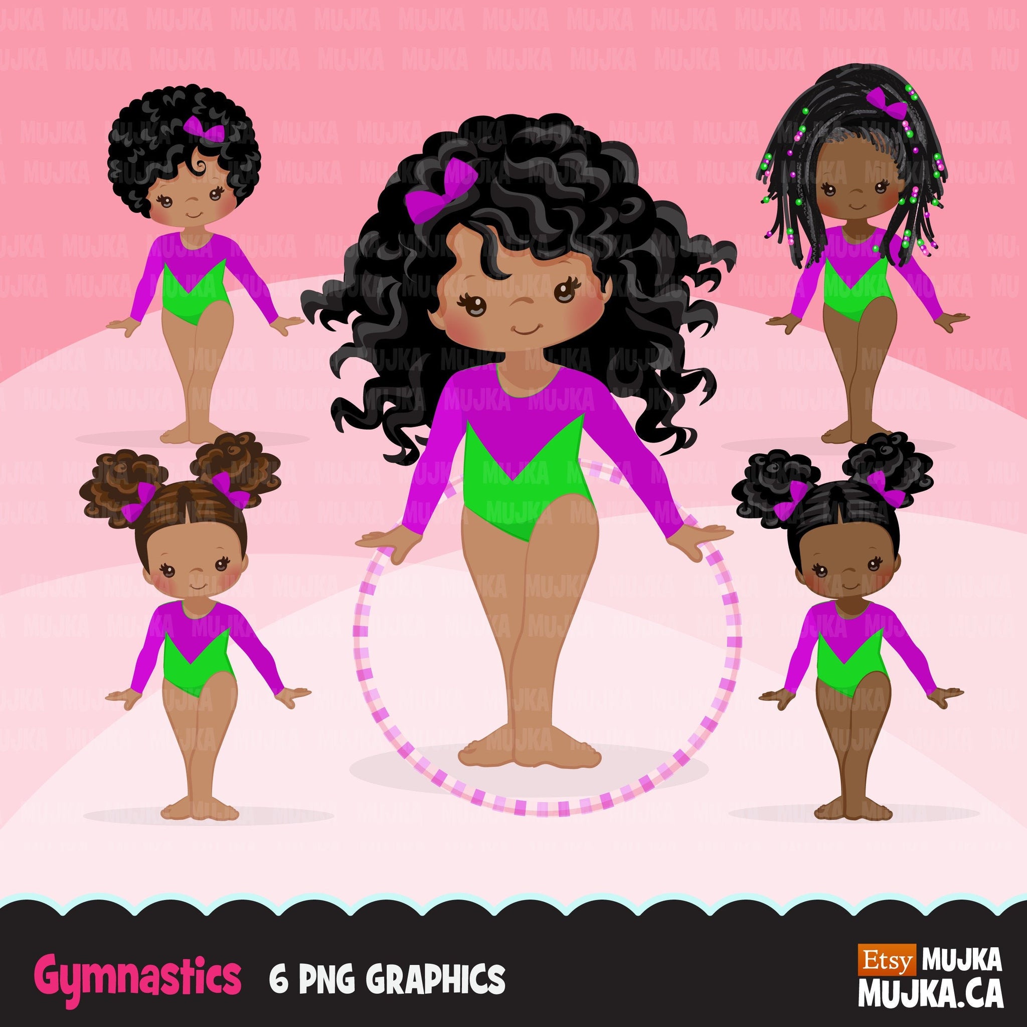 Gymnastics Clipart, Gymnast black girls, hula hoop, sports, school activity, commercial use PNG graphics