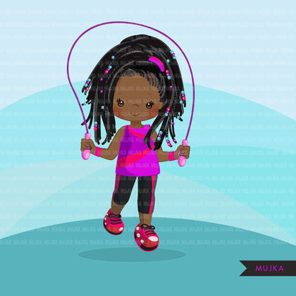 Gymnastics Clipart, Gymnast black girls, skipping workout, fitness, sports, school activity, commercial use PNG graphics