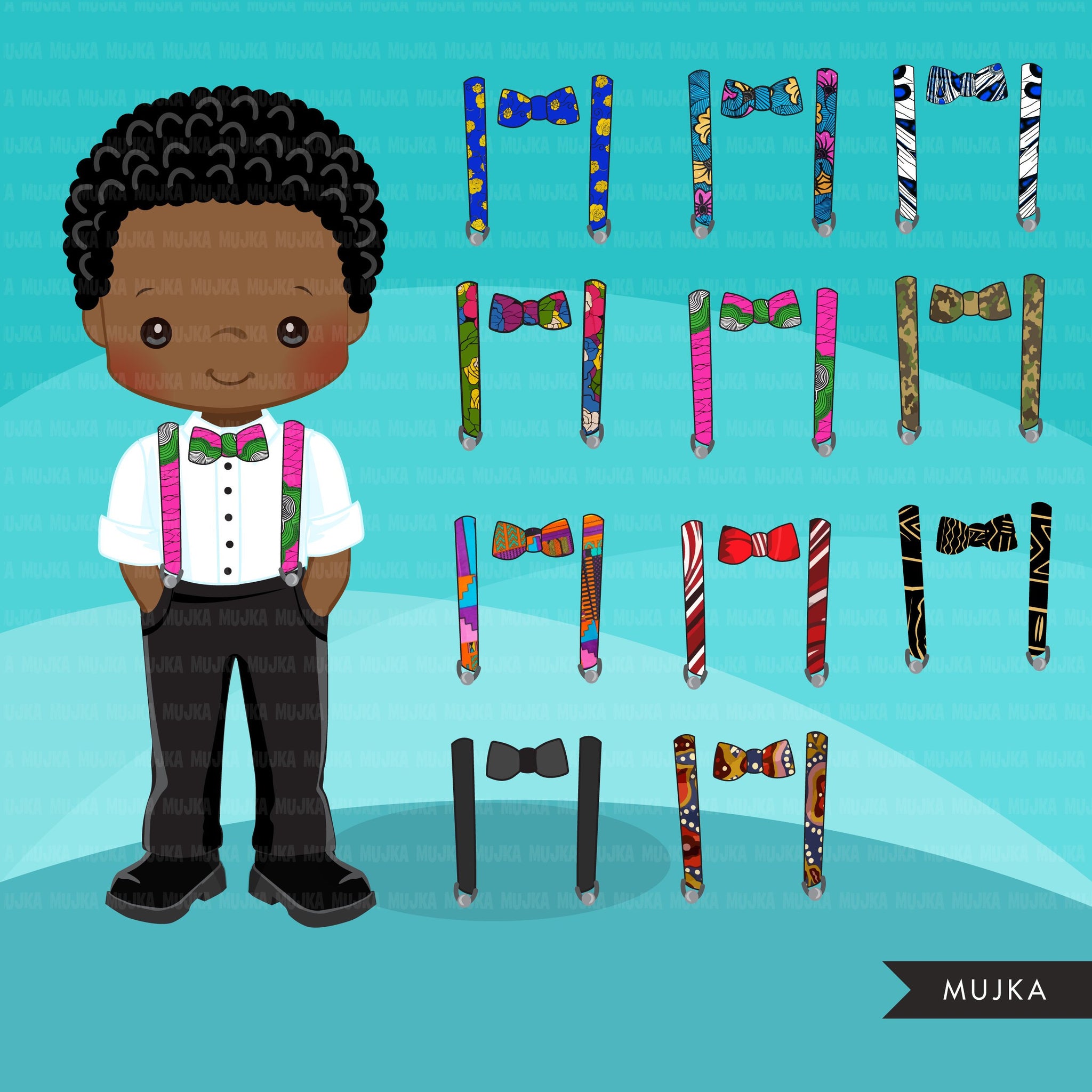 Black Boy clipart avatar, Ankara print bow tie suspenders, african fabric, black history graphics afro boy clip art PNG, mother's day MOM