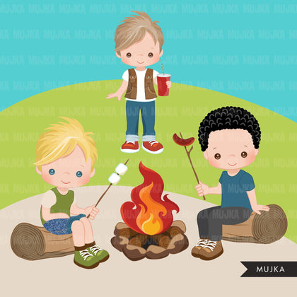 Boy Scouts camping clipart, campground, campfire, tent, outdoor graphics, commercial use Png clip art