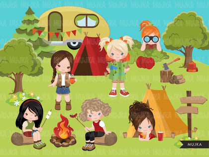 Girl Scouts camping clipart, campground, campfire, tent, outdoor graphics, commercial use Png clip art