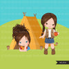 Girl Scouts camping clipart, campground, campfire, tent, outdoor graphics, commercial use Png clip art