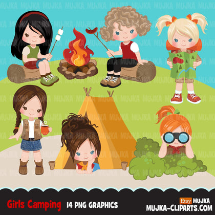 Girl Scouts camping clipart, campground, campfire, tent, outdoor graphics, commercial use Png clip art