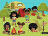 Black Girl Scouts camping clipart, acampamento, fogueira, barraca, gráficos ao ar livre, uso comercial png clip art