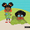 Black Girl Scouts camping clipart, campground, campfire, tent, outdoor graphics, commercial use Png clip art