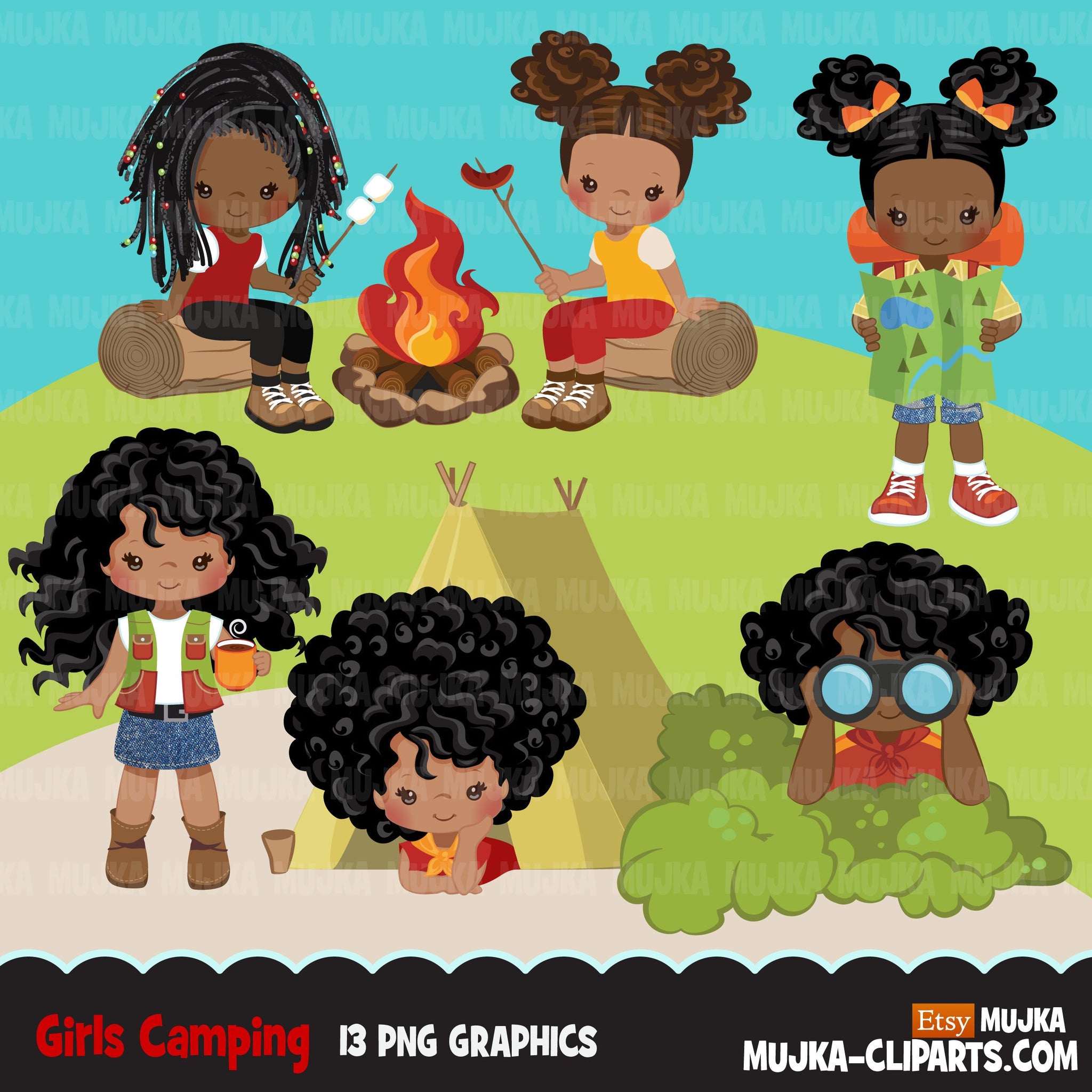 Black Girl Scouts camping clipart, acampamento, fogueira, barraca, gráficos ao ar livre, uso comercial png clip art