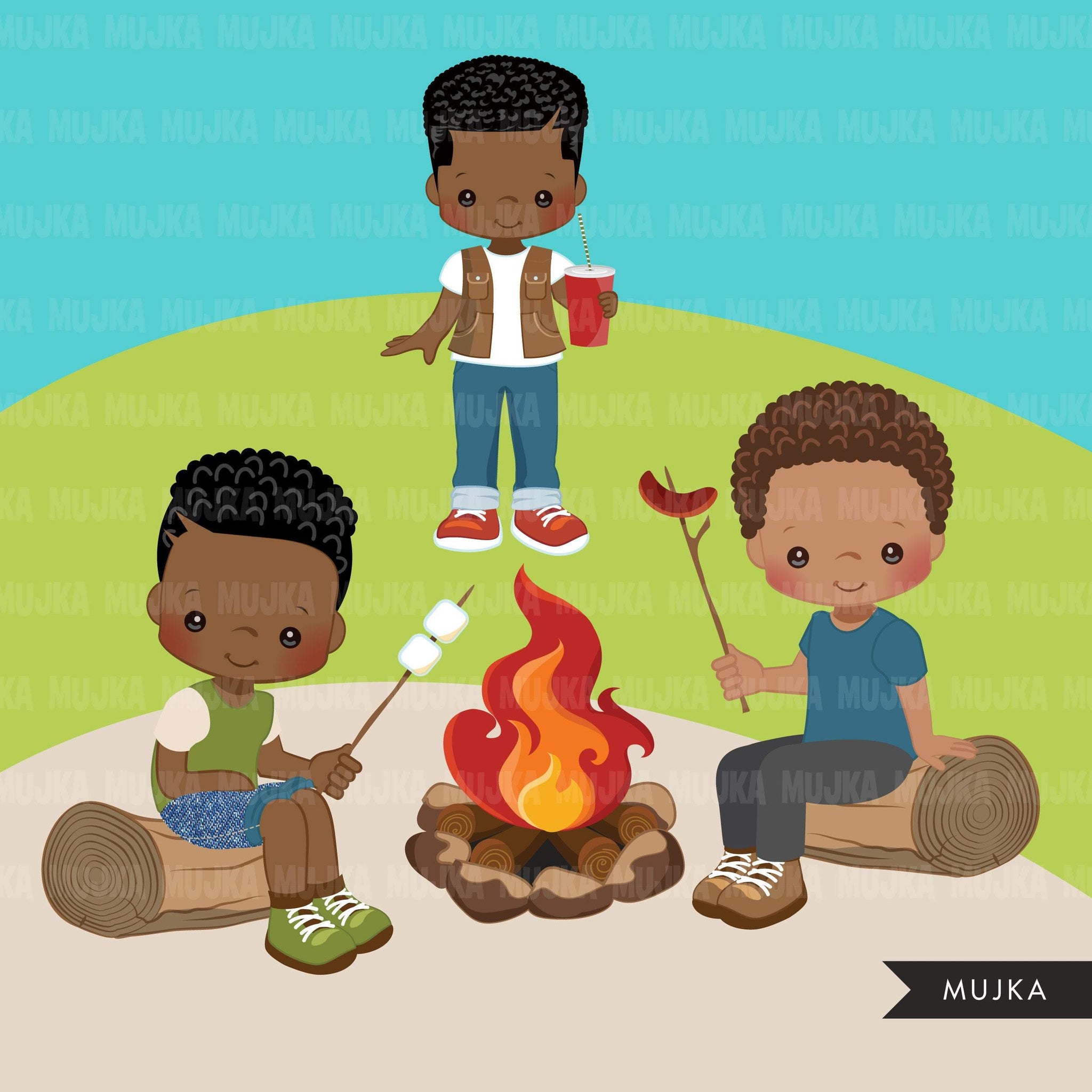 Black Boy Scouts camping clipart, acampamento, fogueira, barraca, gráficos ao ar livre, uso comercial png clip art