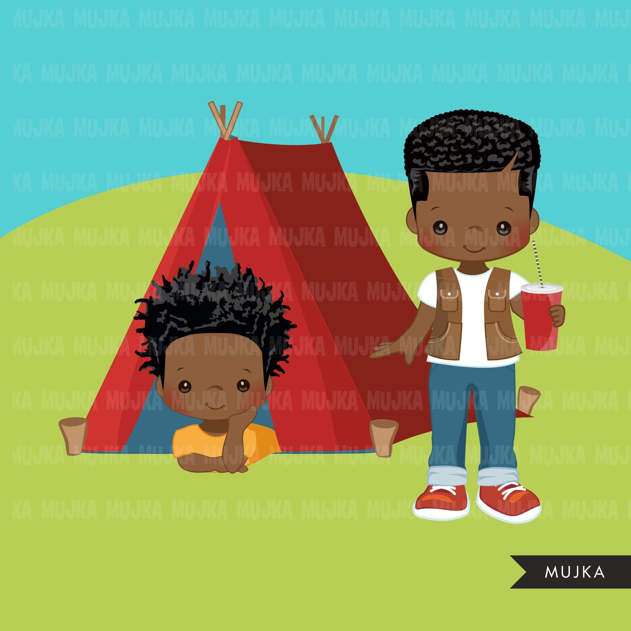 Black Boy Scouts camping clipart, campground, campfire, tent, outdoor graphics, commercial use Png clip art