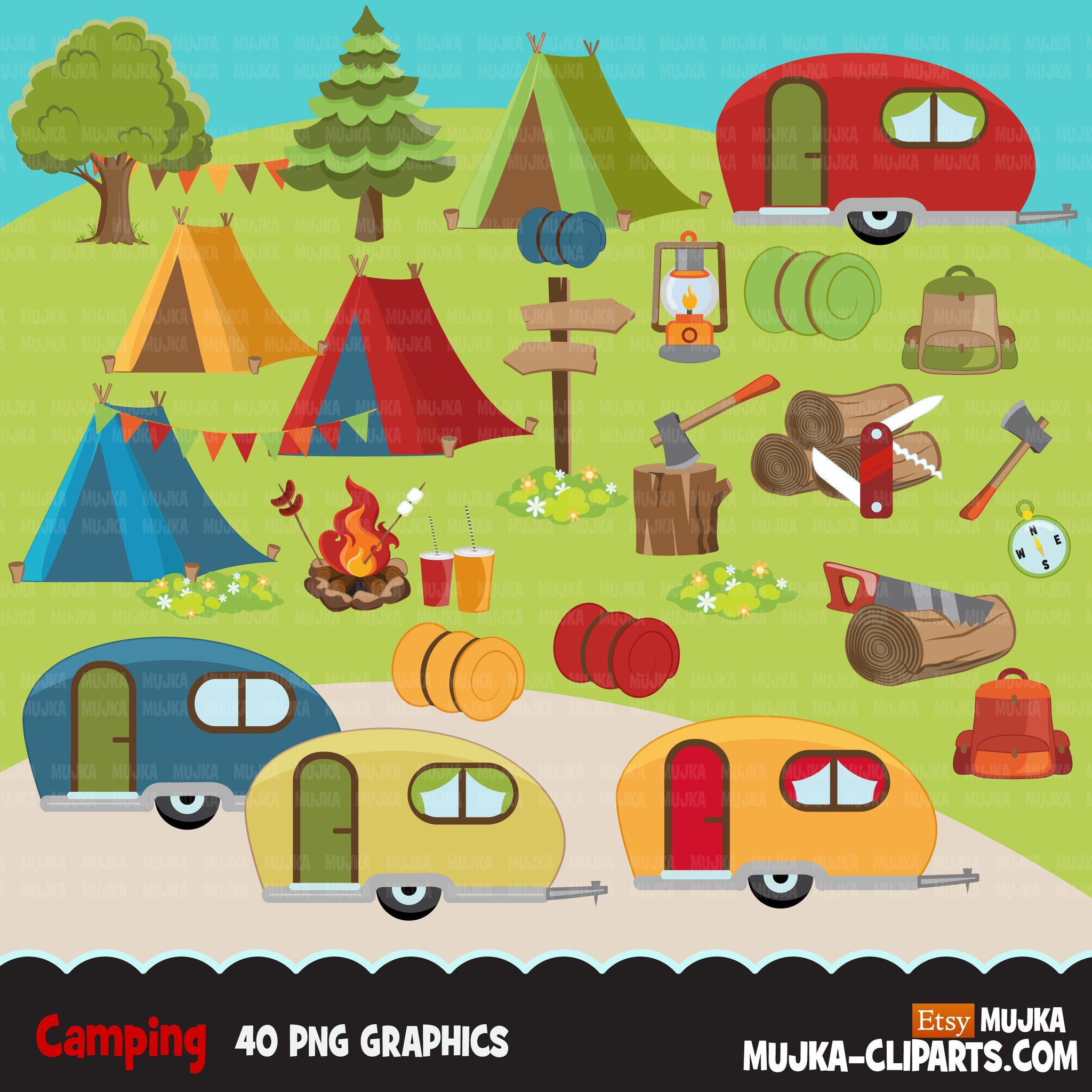 cliparts camping Scouts camping clipart, campground, campfire, tent, camper van, forest – MUJKA CLIPARTS