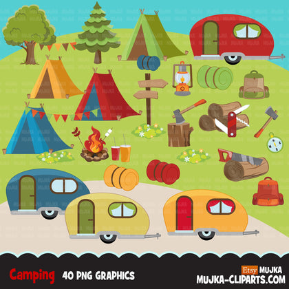 Scouts camping clipart, campground, campfire, tent, camper van, forest background, trees, outdoor graphics, commercial use Png clip art