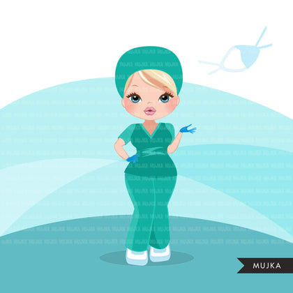 Nurse clipart with mask green scrubs, covid 19 prevention, corona virus, hospital graphics, print and cut PNG digital Designs, Medical clip art