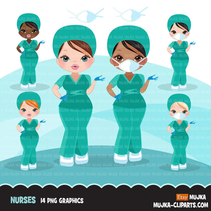 Nurse clipart with mask green scrubs, covid 19 prevention, corona virus, hospital graphics, print and cut PNG digital Designs, Medical clip art