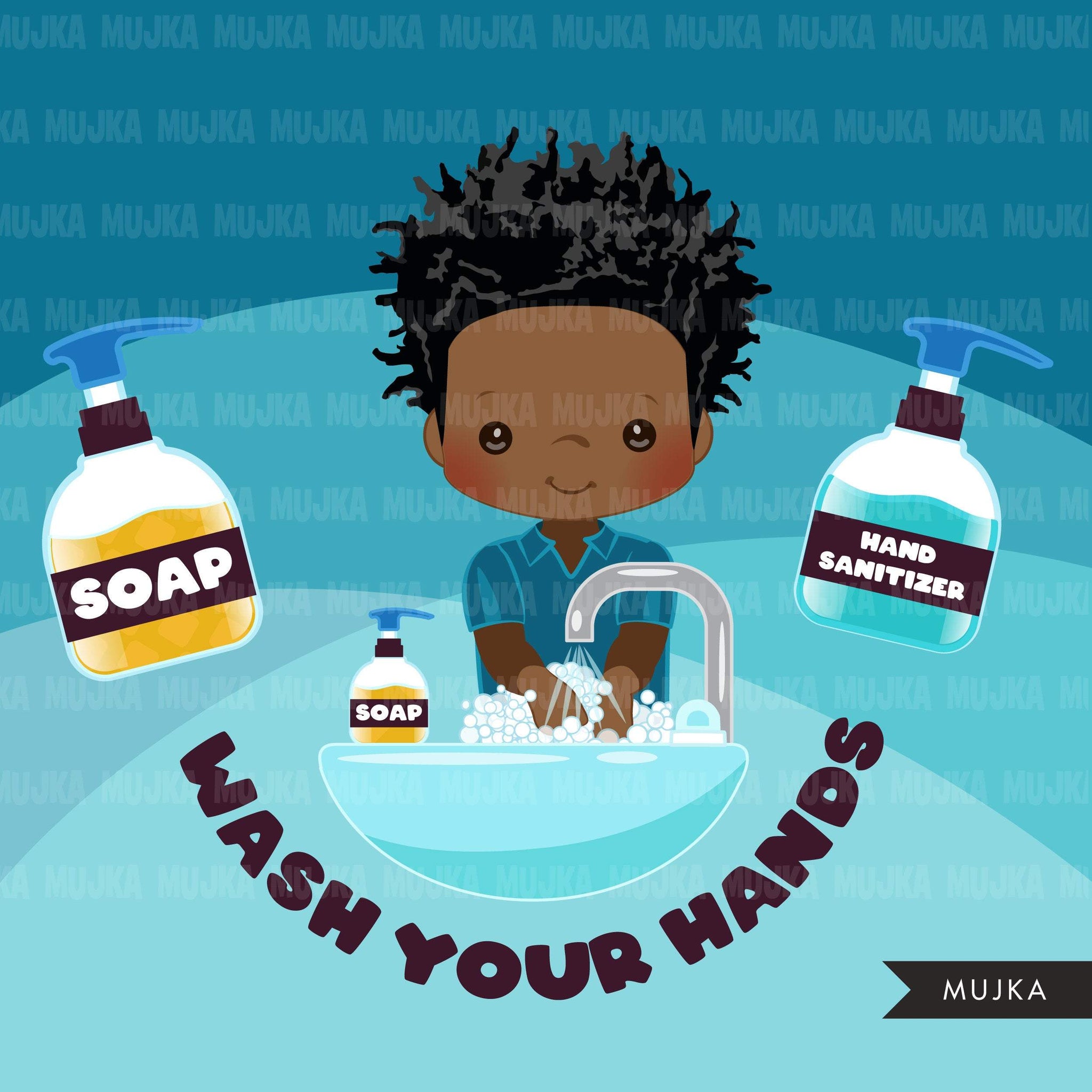 Hand washing Clipart, black boys, hand sanitizer, bathroom chores, cleaning, covid 19, corona virus, social distancing graphics