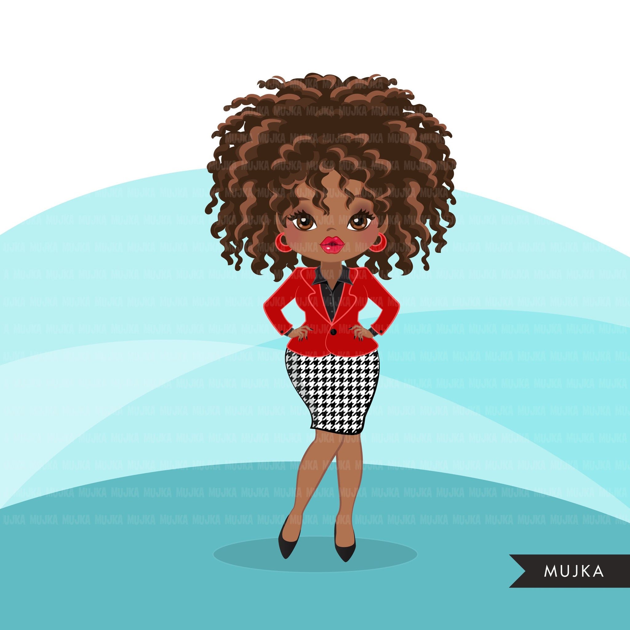 Afro woman clipart with red business suit and glasses African-American graphics, print and cut T-Shirt Designs, Black Girls clip art