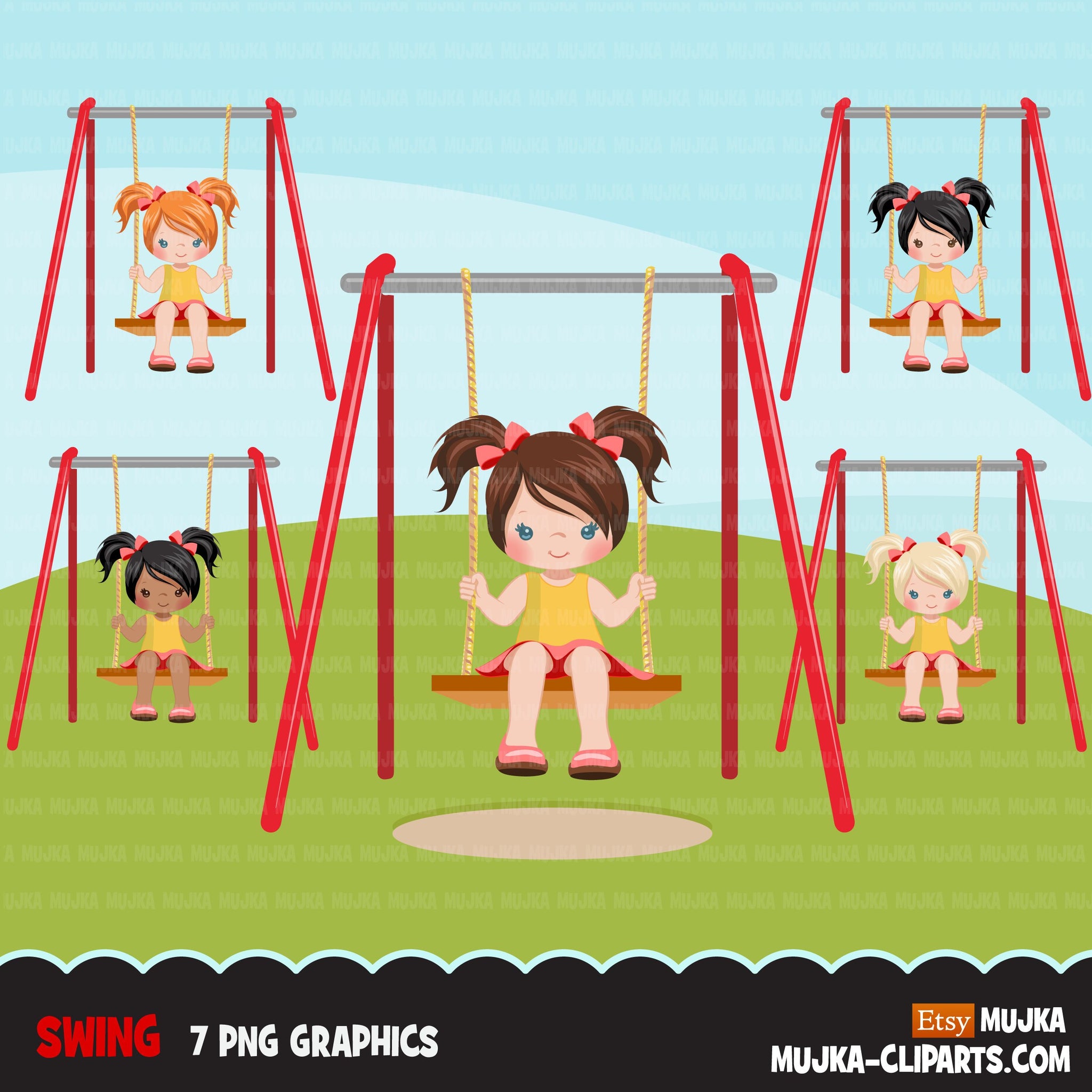 Playground Clipart, girl swinging, spring, outdoors park swing graphics, commercial use Png clip art