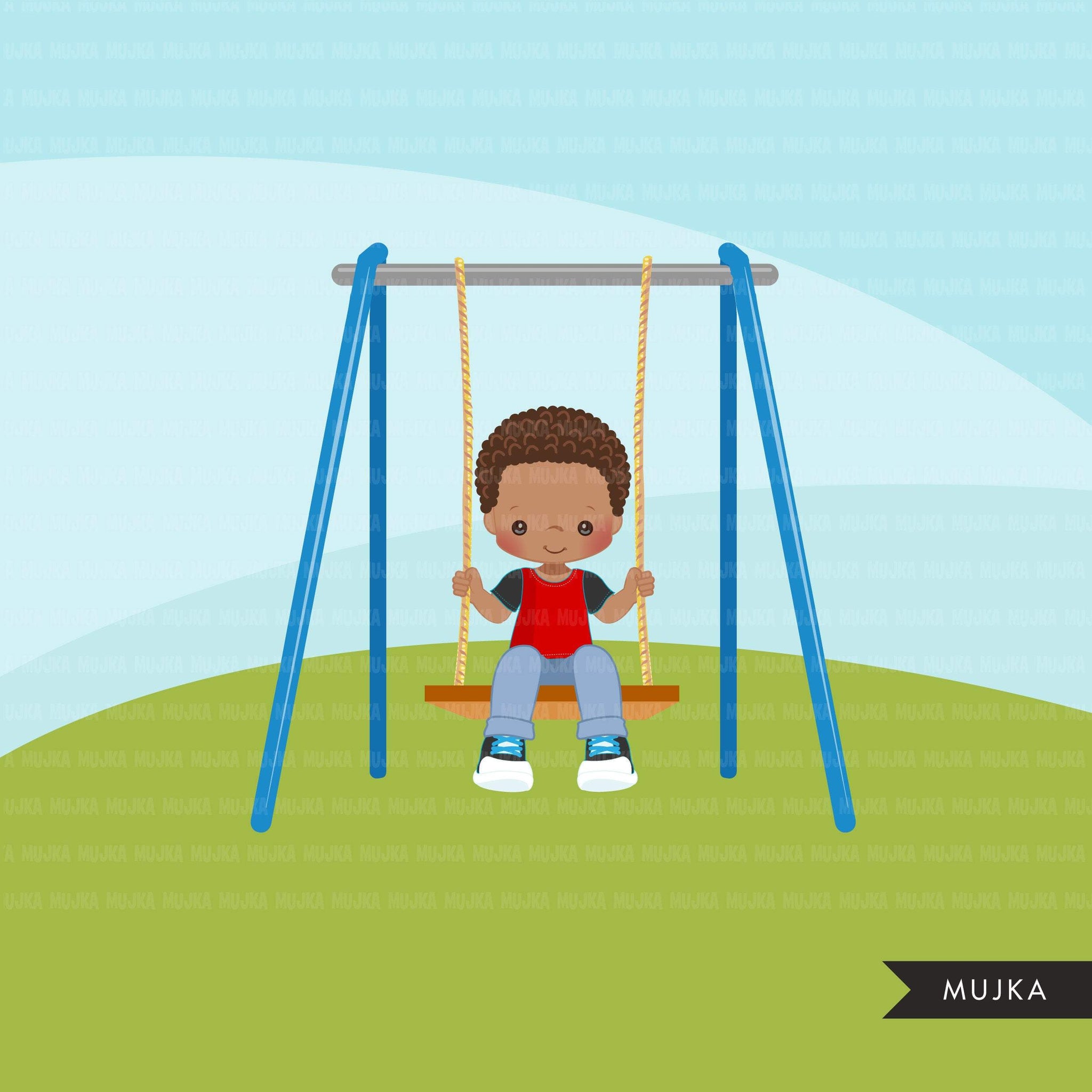 Playground Clipart, black boy swinging, spring, outdoors park swing graphics, commercial use Png clip art