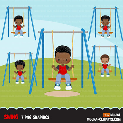 Playground Clipart, black boy swinging, spring, outdoors park swing graphics, commercial use Png clip art