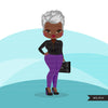 Afro mature woman clipart with purple business suit, briefcase and glasses black senior women graphics, print and cut sublimation clip art