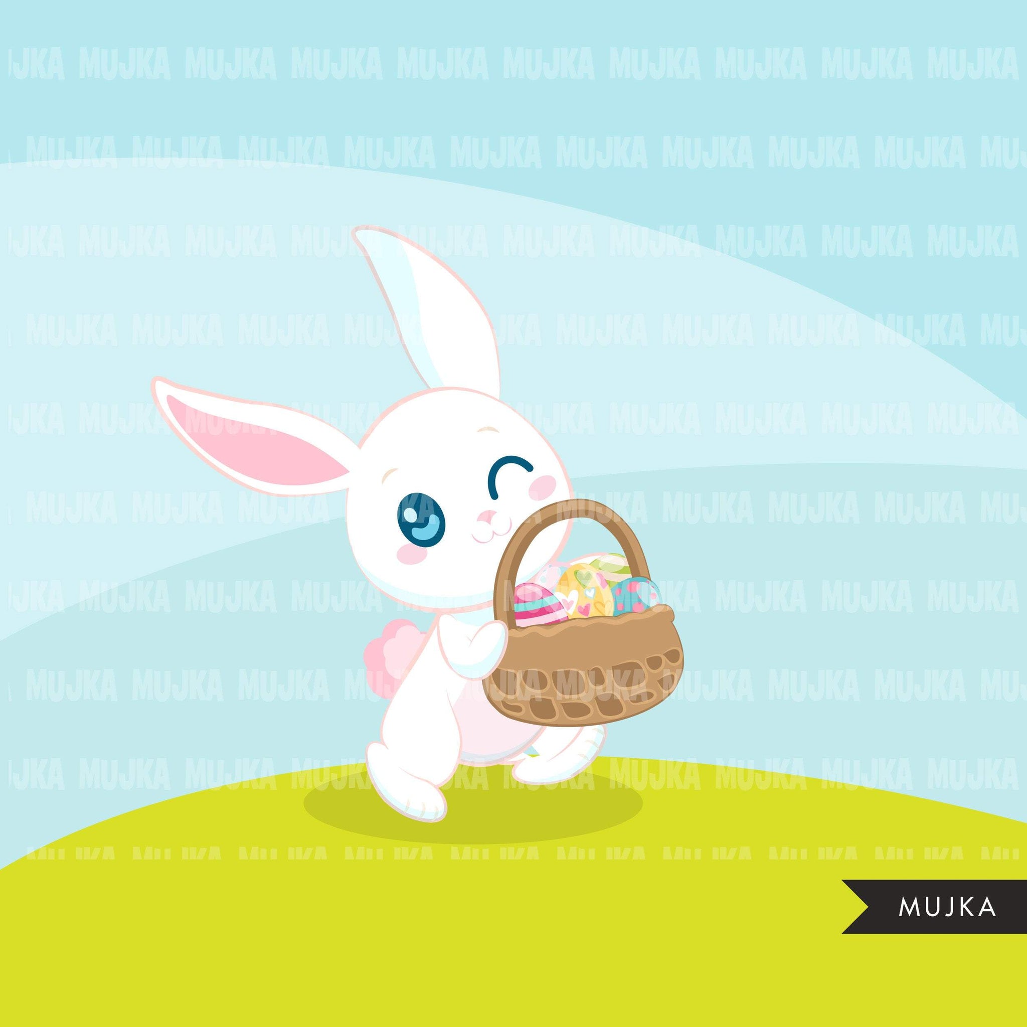 Easter Bunny Clipart, Cute rabbit with Easter egg, animal graphics  commercial use digital PNG clip art