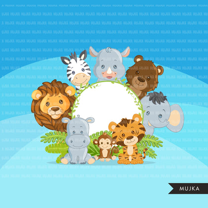 Safari Jungle frames clipart, forest frames with lion, tiger, zebra, monkey, giraffe elephant animal graphics, Png digital clip art